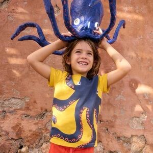 Mini Boden Yellow and Blue Octopus Kids Shirt - 6-7 years